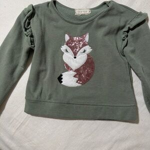 btween Olive Fox Sequin Sweatshirt for Girls Ruffle Detail on Sleeves. Sz 5